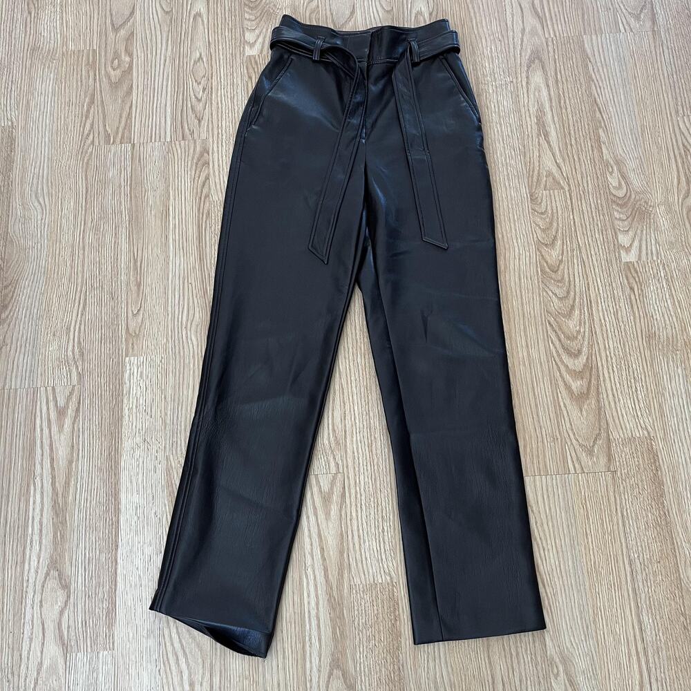 Babaton Pants Womens 2 Brown Faux‎ Leather Straight Leg Belted High Rise Dressy